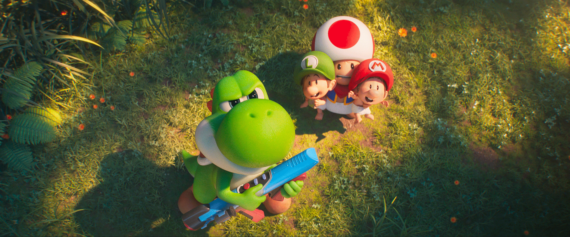 Still image from Super Mario Galaxy. Featuring Yoshi, along with Toad and baby versions of Luigi and Mario.