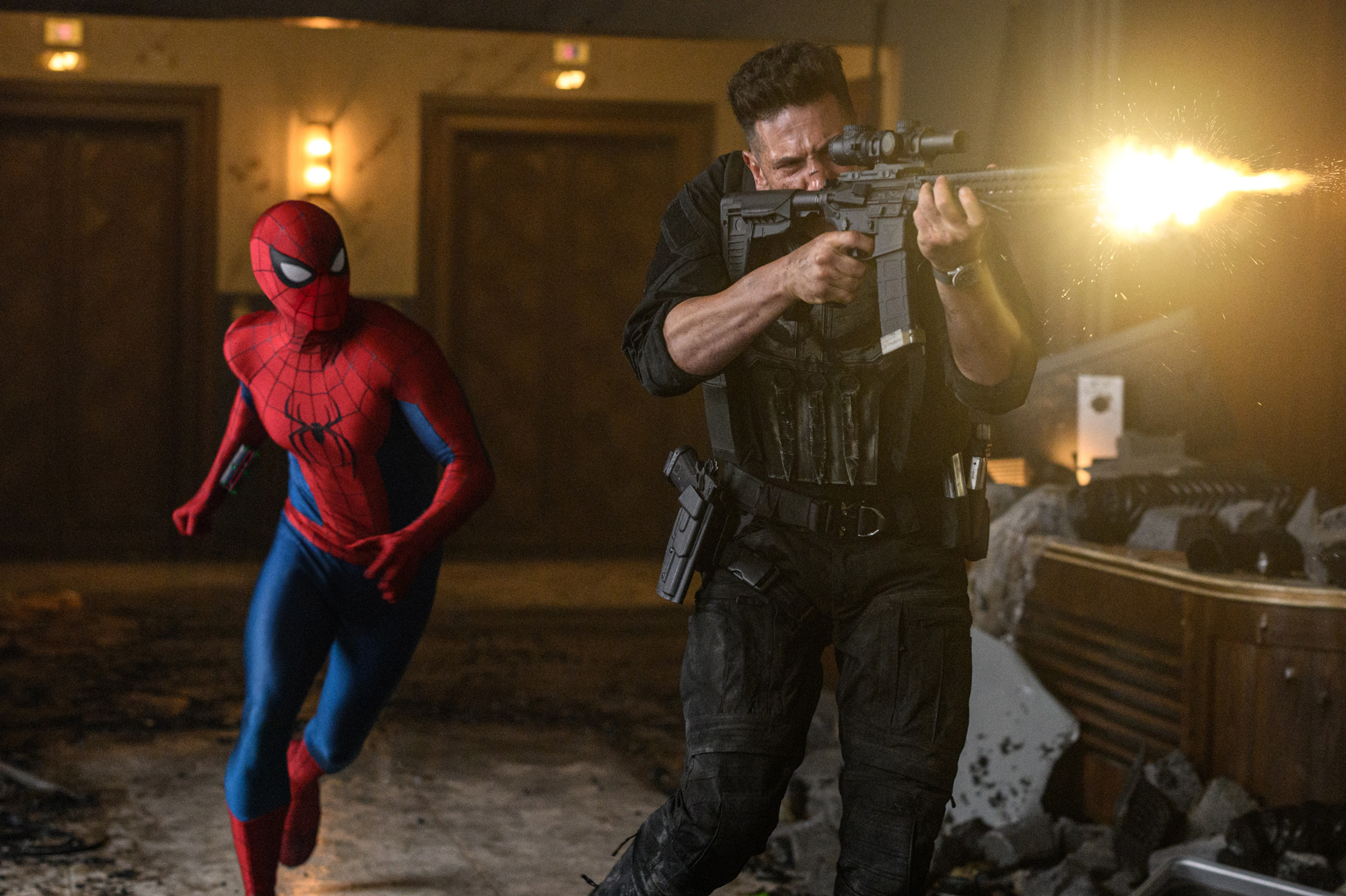 Production Still from Spider-Man Brand New Day, showing Spider-Man and Frank Castle.