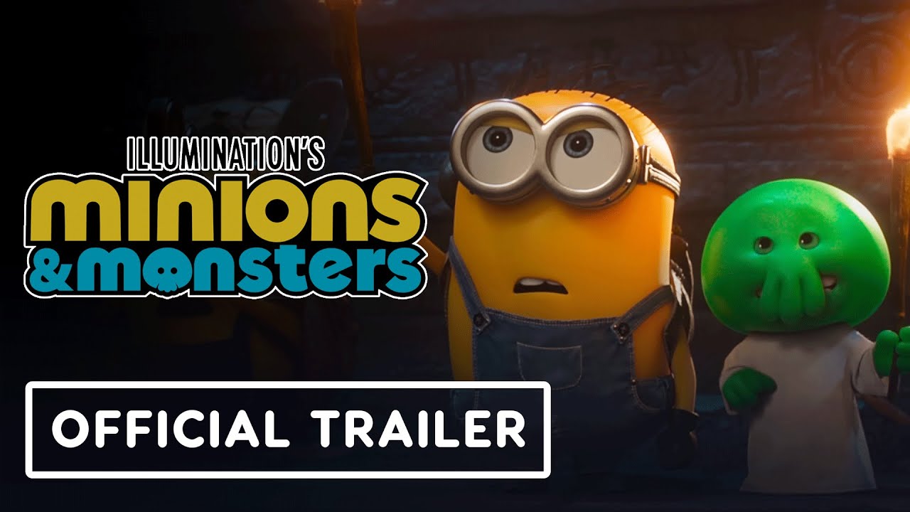 Trailer Image for Minions and Monsters. Featuring one of the minion characters standing next to a little green Cthulhu.
