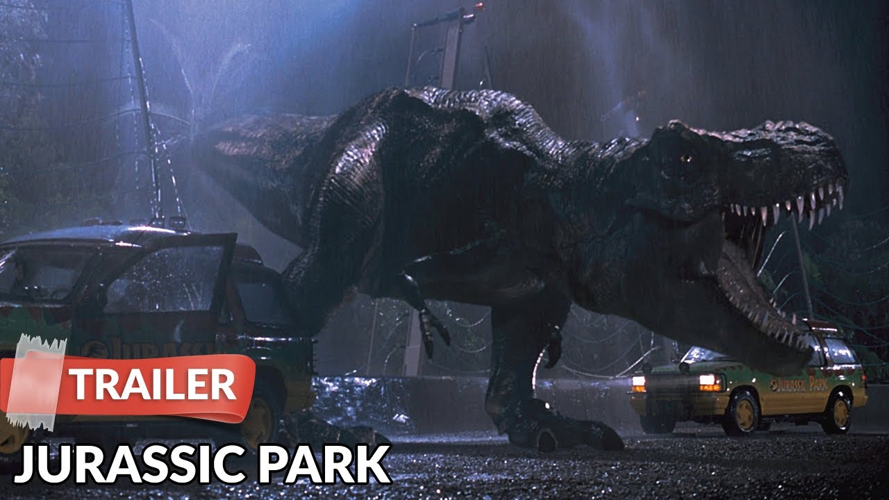 Trailer image for the movie Jurassic Park. Featuring a large T-Rex with the words classic trailer over it.